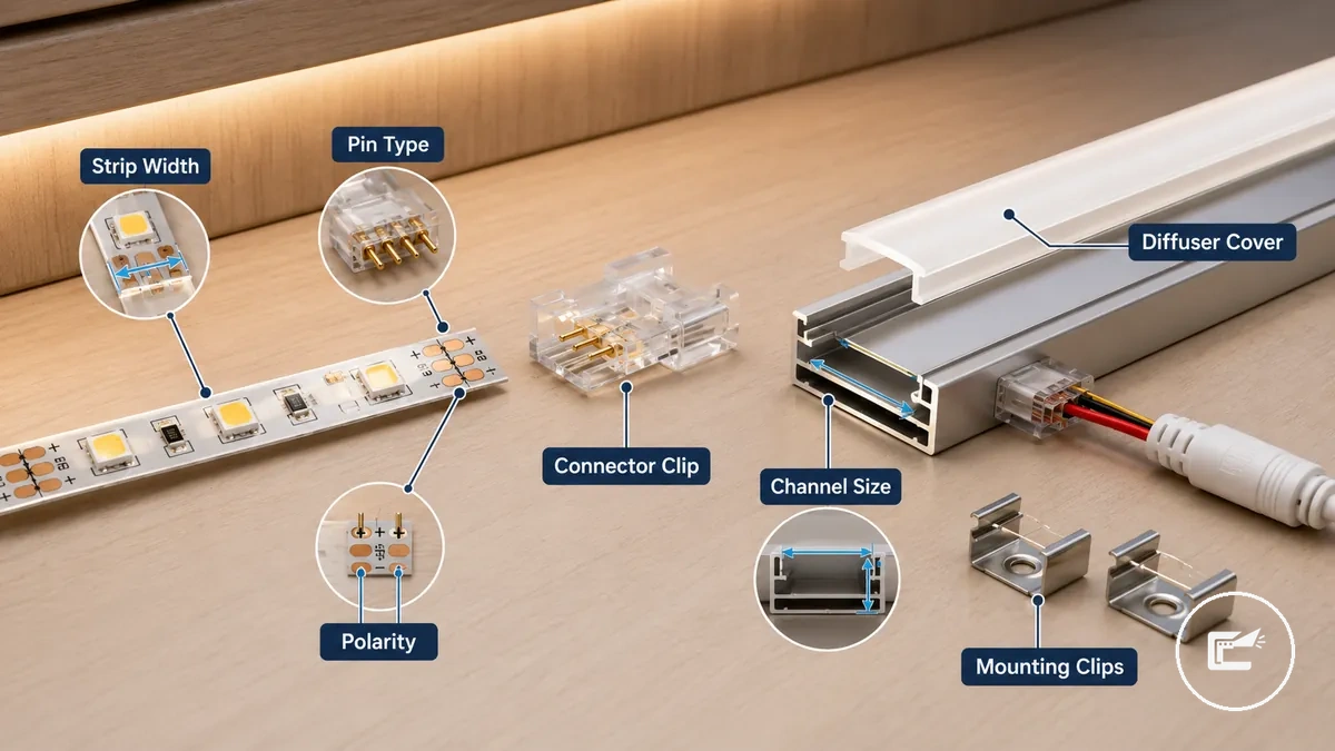 Annotated LED strip connector and aluminum channel fit points for cabinet lighting