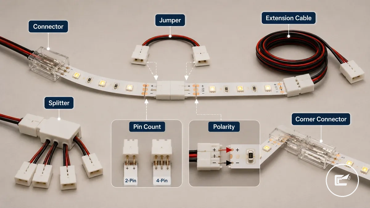 LED strip connectors jumpers extension cables and splitters labeled with pin count and polarity