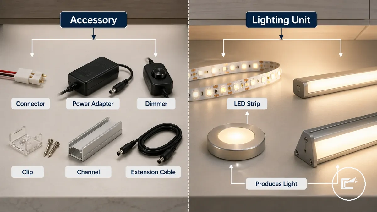 Accessory parts compared with LED strip and cabinet lighting units