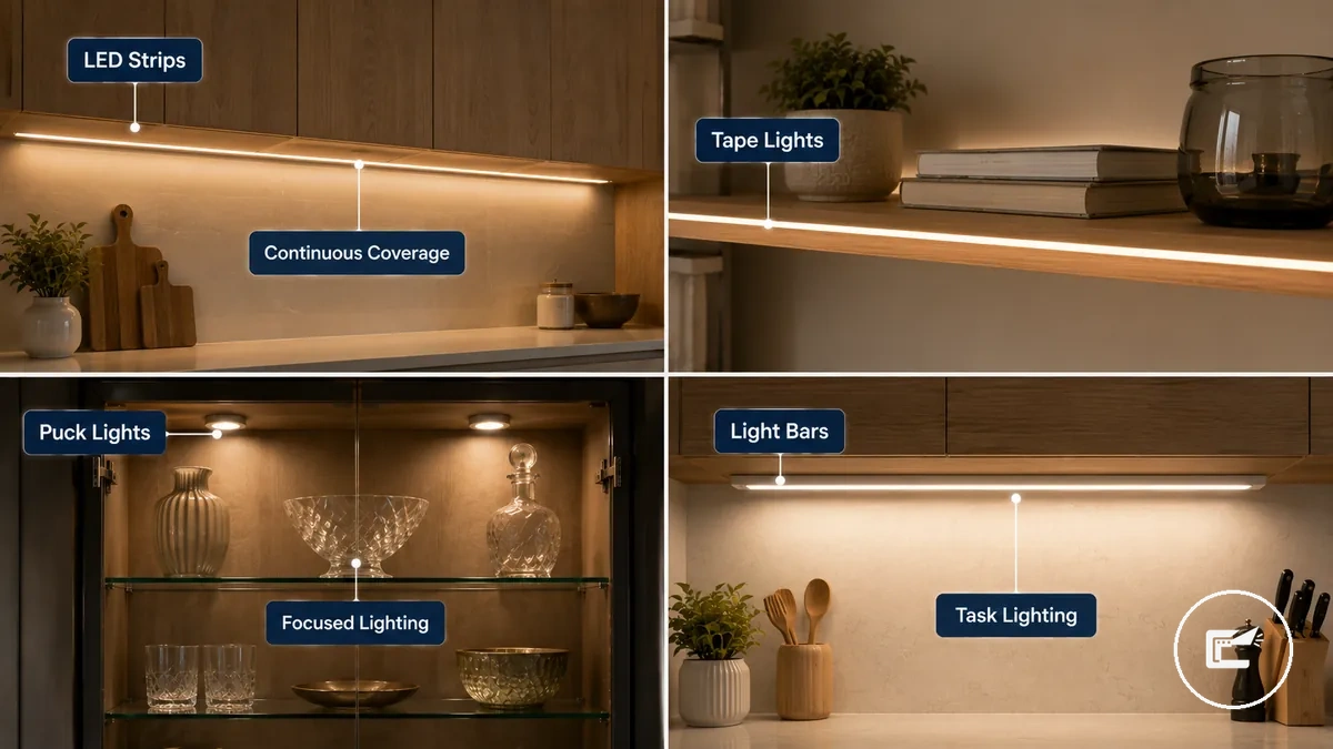Cabinet lighting types showing LED strips, tape lights, puck lights, and light bars with simple labels