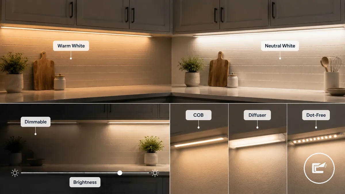 Under cabinet LED strip light quality comparison with warm white and diffused light
