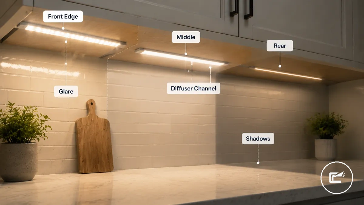 Diagram of front middle and rear LED strip placement under cabinets