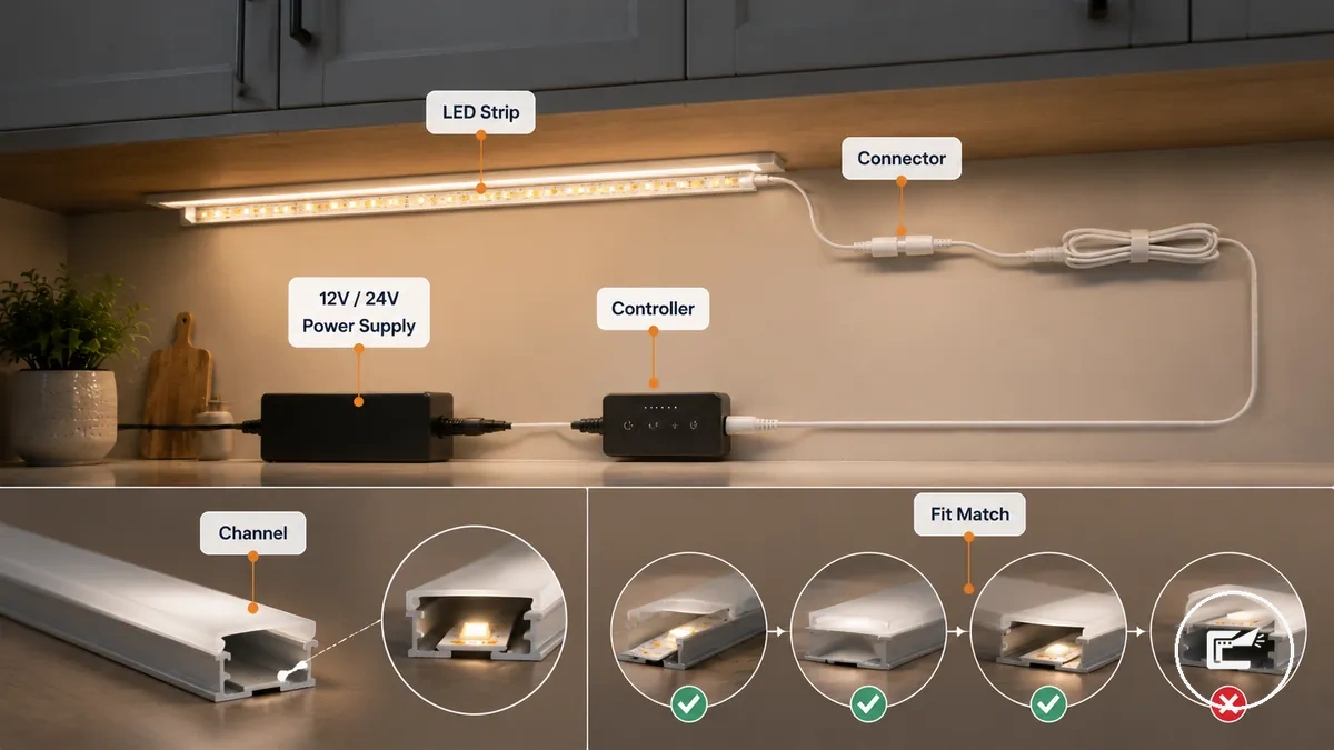 Cabinet lighting compatibility diagram showing LED strip, adapter, controller, connector, channel, and mounting parts