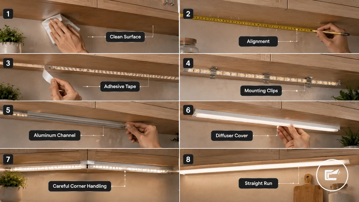 Step-by-step under cabinet LED strip mounting with clips and diffuser channel