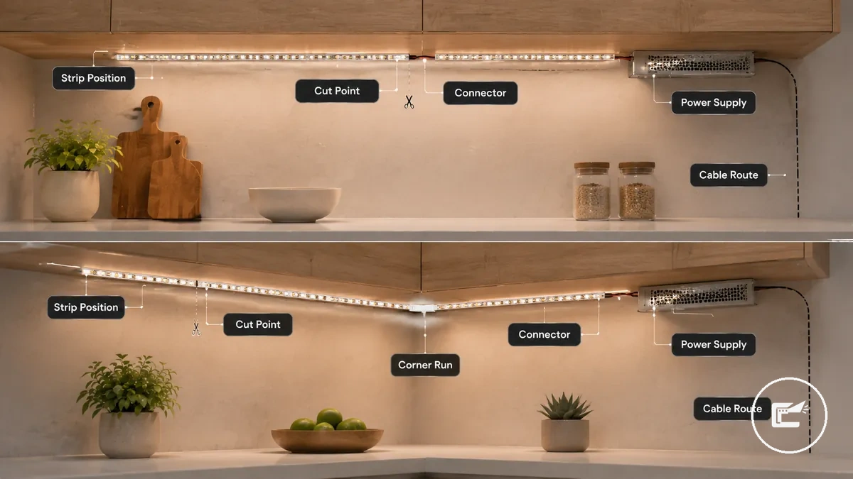 Planning LED strip position length and power route under cabinets