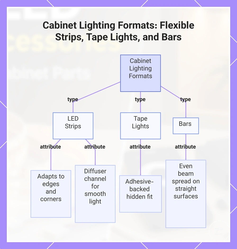 Cabinet Lighting Formats: Flexible Strips, Tape Lights, and Bars