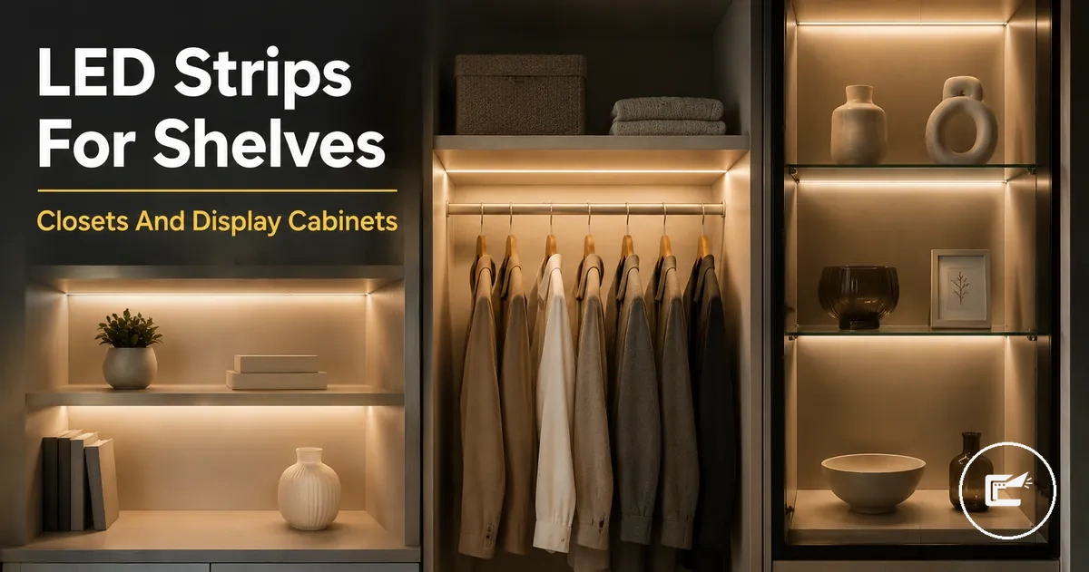 LED strip lighting used in shelves, closets, and display cabinets with hidden strips and soft cabinet illumination