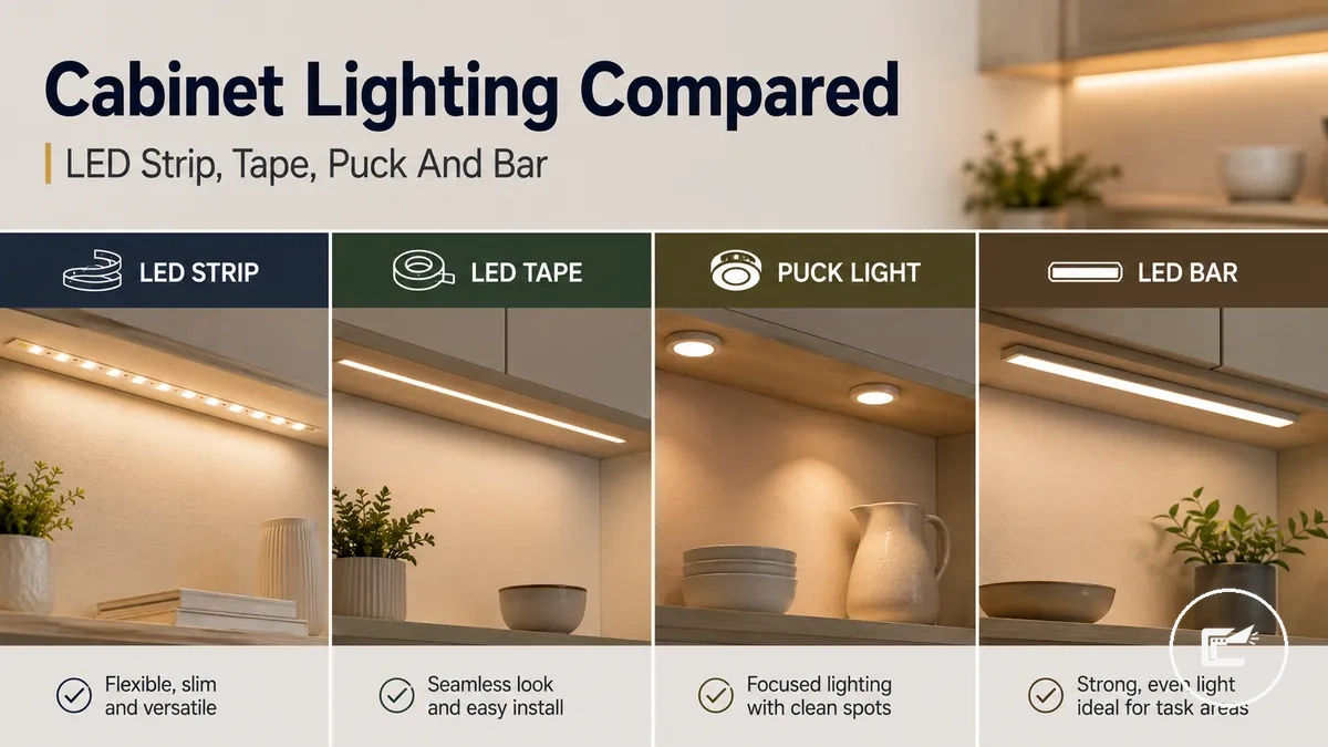 Comparison of LED strip, tape, puck, and bar lighting options for home cabinets