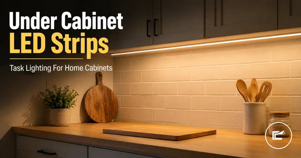 Under cabinet LED strip lighting installed beneath home kitchen cabinets for task lighting
