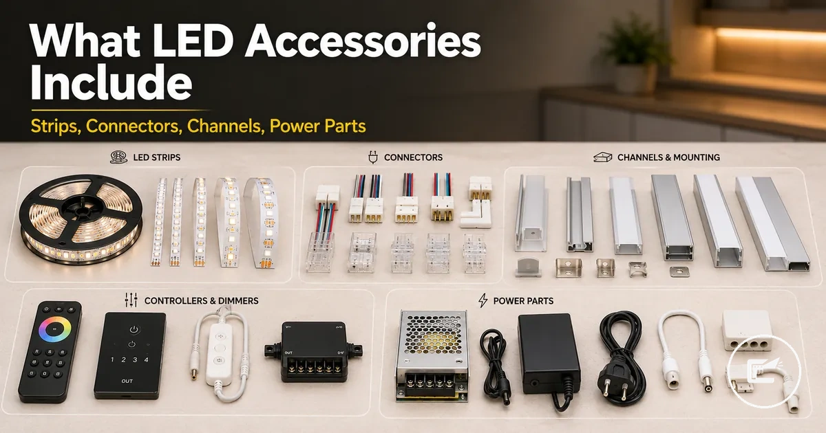 Different home LED strip and cabinet lighting accessories including strips, connectors, channels, controllers, and power parts