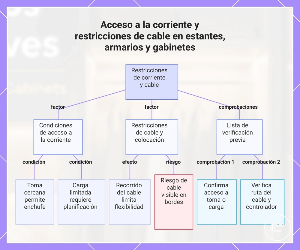 Acceso a la corriente y restricciones de cable en estantes, armarios y gabinetes