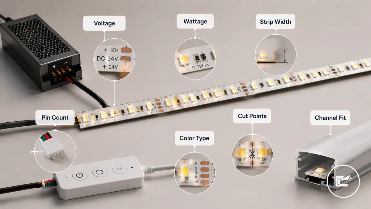 Especificaciones de tiras LED que muestran voltaje, potencia, ancho de tira, número de pines y ajuste del perfil