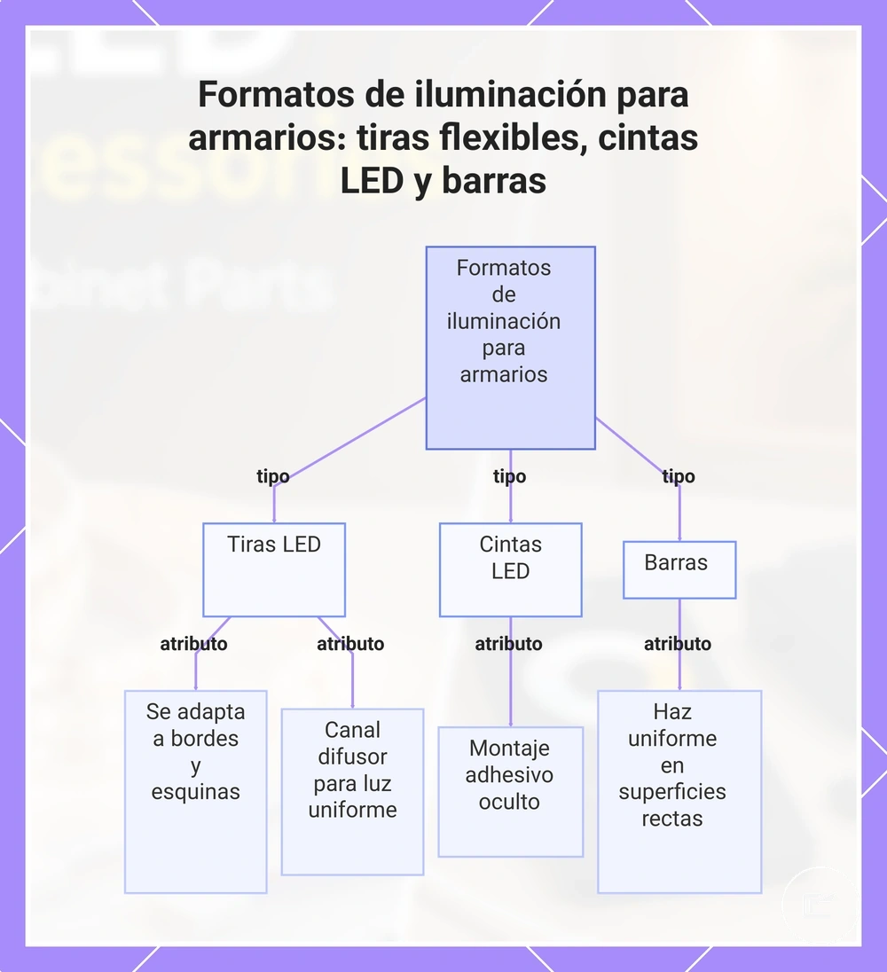 Formatos de iluminación para armarios: tiras flexibles, cintas LED y barras