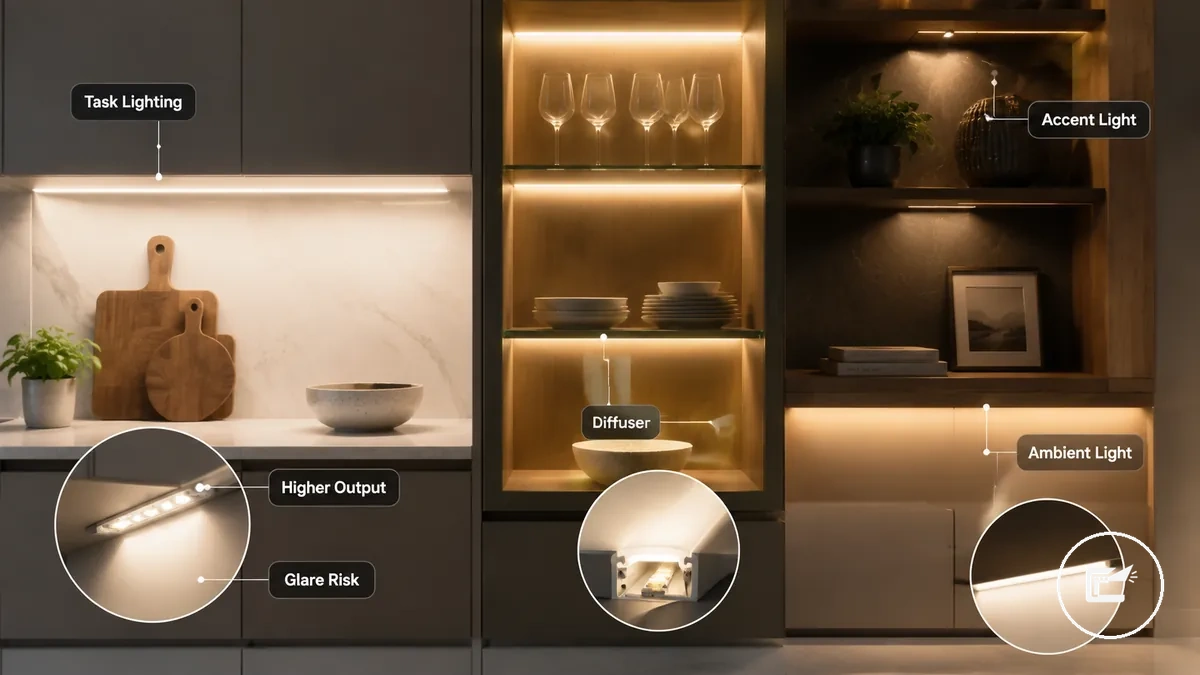 Iluminación de tiras LED para armarios que compara el brillo de tareas con la luz ambiental más suave