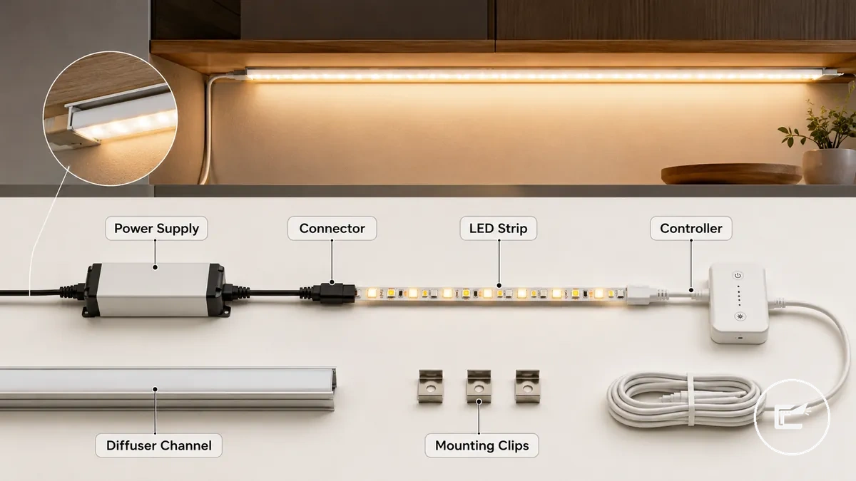 Piezas etiquetadas de un kit de tiras LED para iluminación de armarios, que incluyen tira, fuente de alimentación, conector, controlador y canal difusor