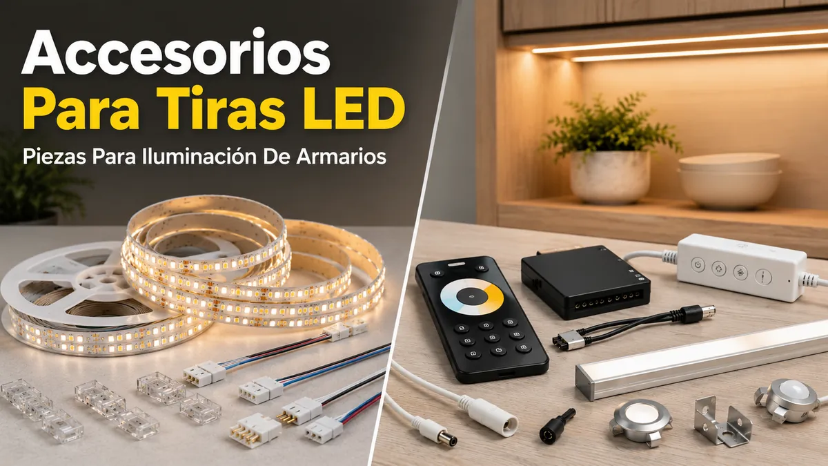 Accesorios para tiras LED e iluminación de armarios con tiras, conectores, controladores y piezas de luz
