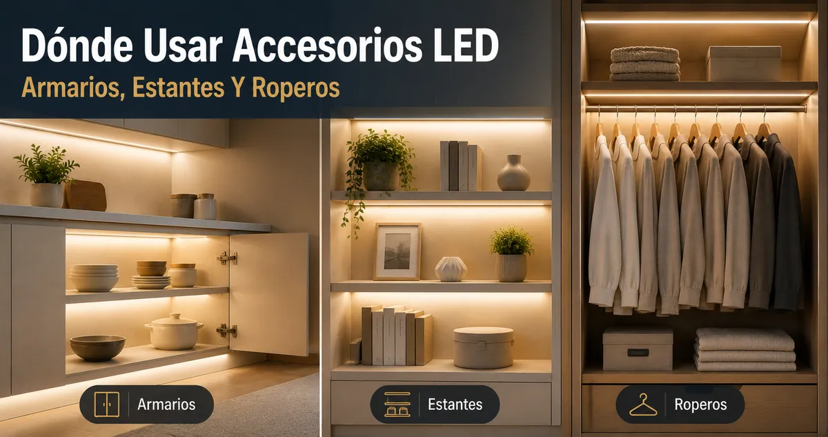 Ejemplos de colocación interior de accesorios para tiras LED e iluminación de armarios en muebles, estantes y roperos