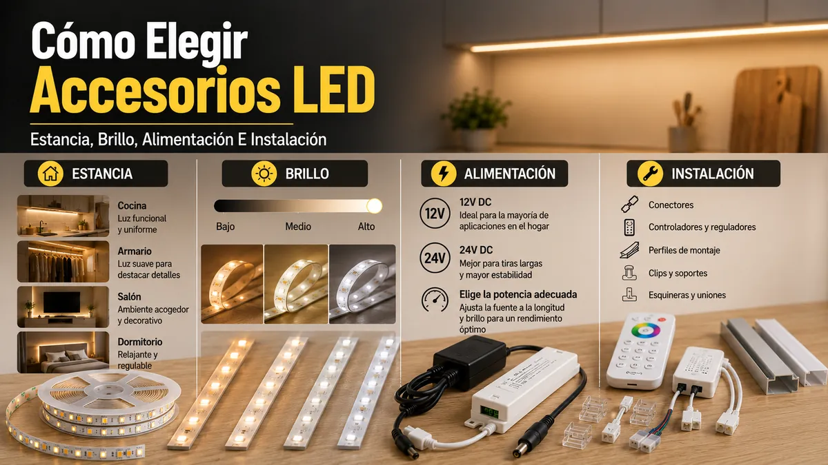 Accesorios para tiras LED e iluminación de armarios seleccionados según estancia, brillo, alimentación e instalación
