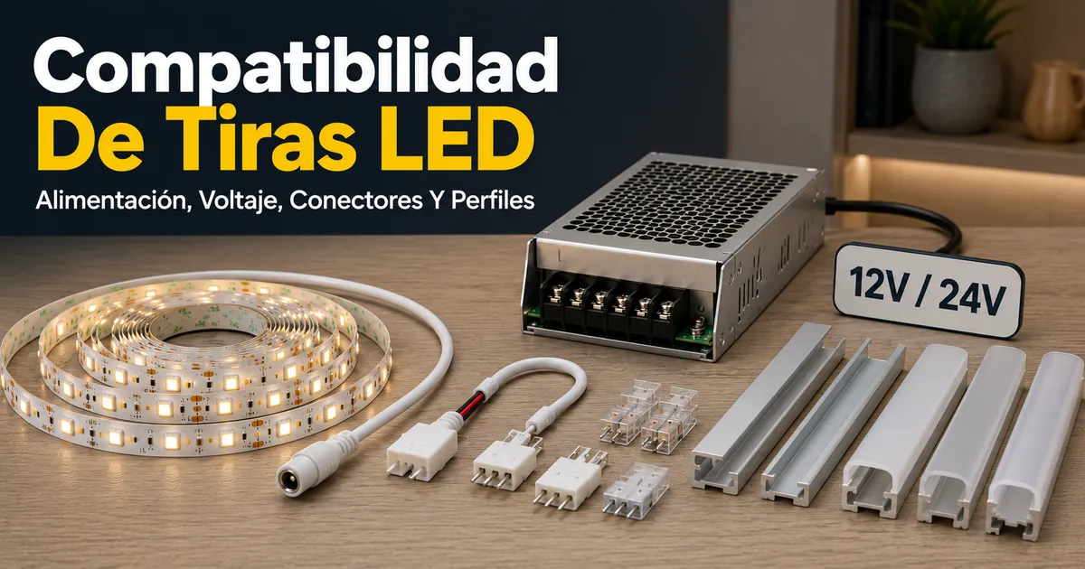 Piezas de compatibilidad para tiras LED con fuente de alimentación, etiqueta de voltaje, conectores y perfiles difusores