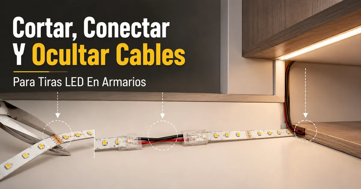 Corte, conexión y ocultación de cables de tiras LED para instalar iluminación en armarios