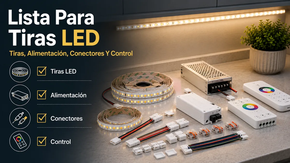 Lista de compra para tiras LED e iluminación de armarios con tiras, fuentes de alimentación, conectores y controladores
