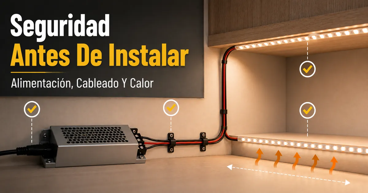 Lista de seguridad para instalar tiras LED e iluminación de armarios con fuente de alimentación, cableado y espacio para disipar calor