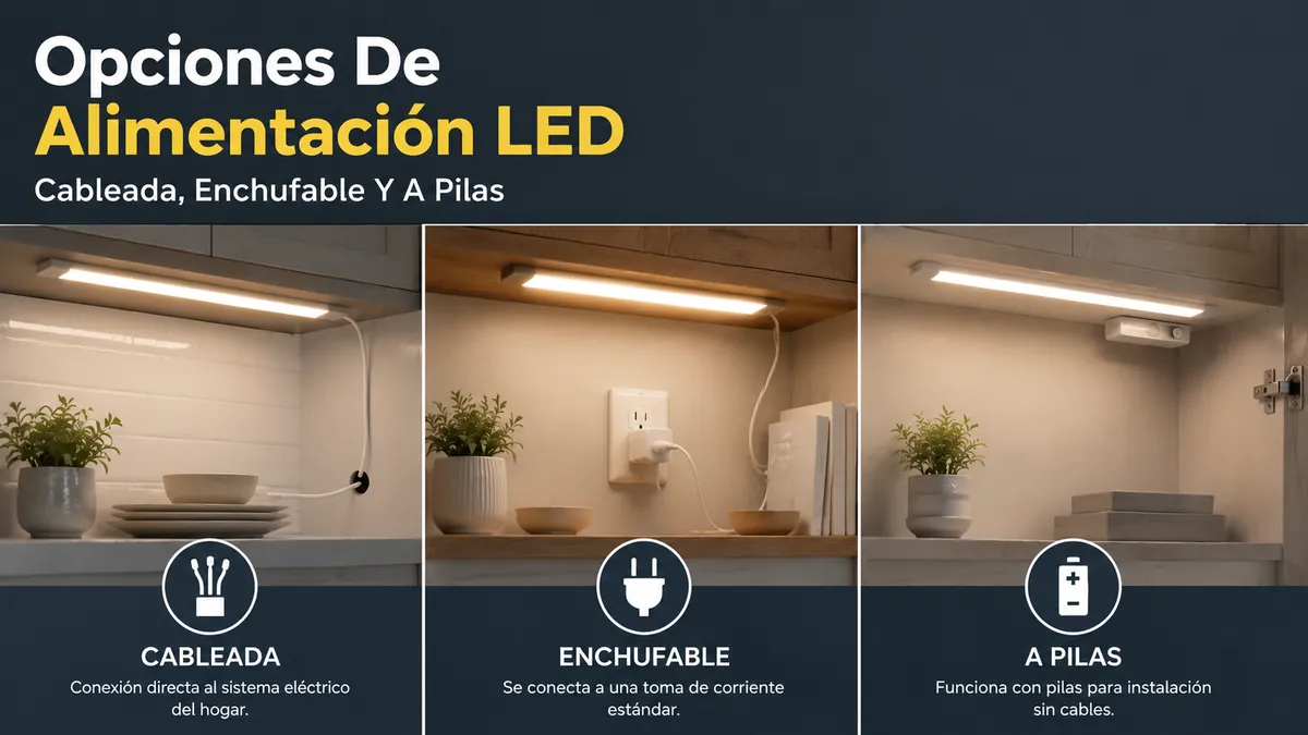 Comparación de opciones de alimentación cableada, enchufable y a pilas para iluminación LED de armarios en casa