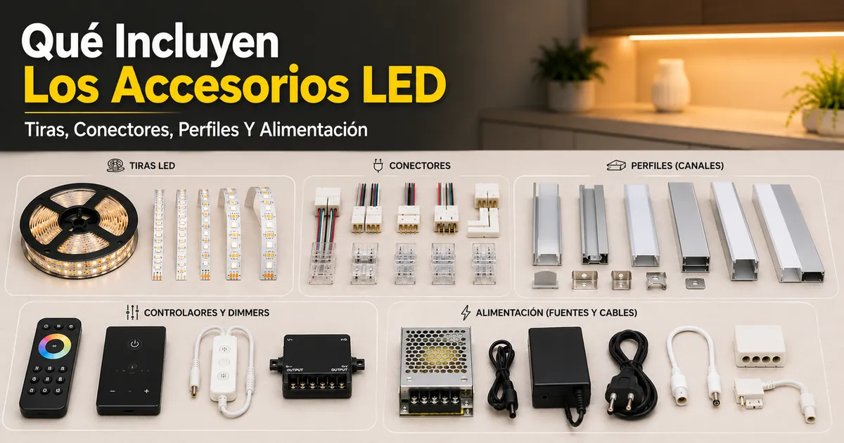 Diferentes accesorios para tiras LED e iluminación de armarios, con tiras, conectores, perfiles, controladores y piezas de alimentación