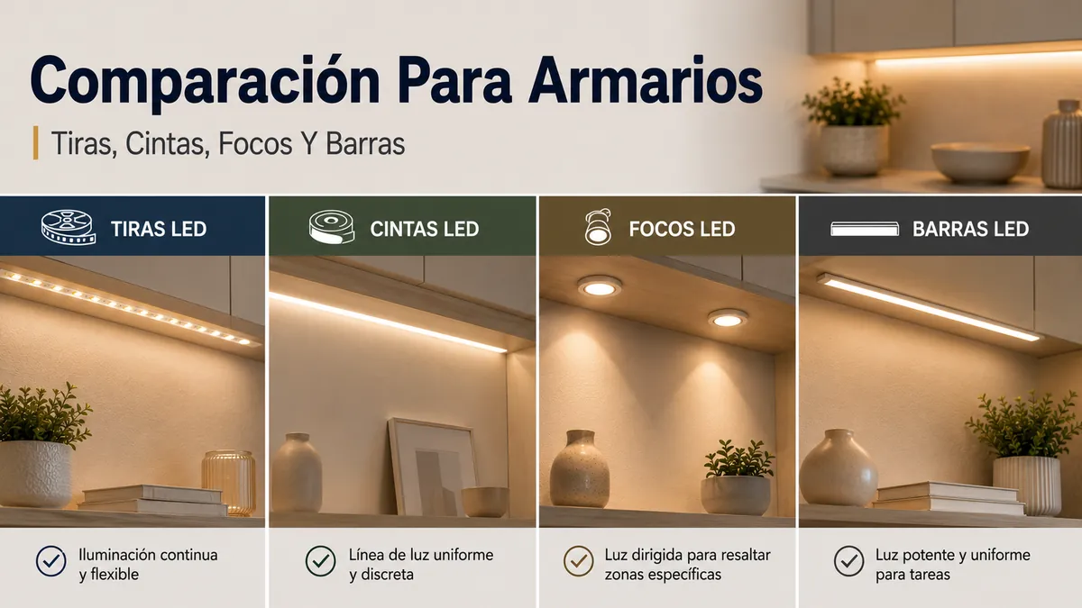Comparación de tiras LED, cintas, focos y barras de iluminación para armarios del hogar