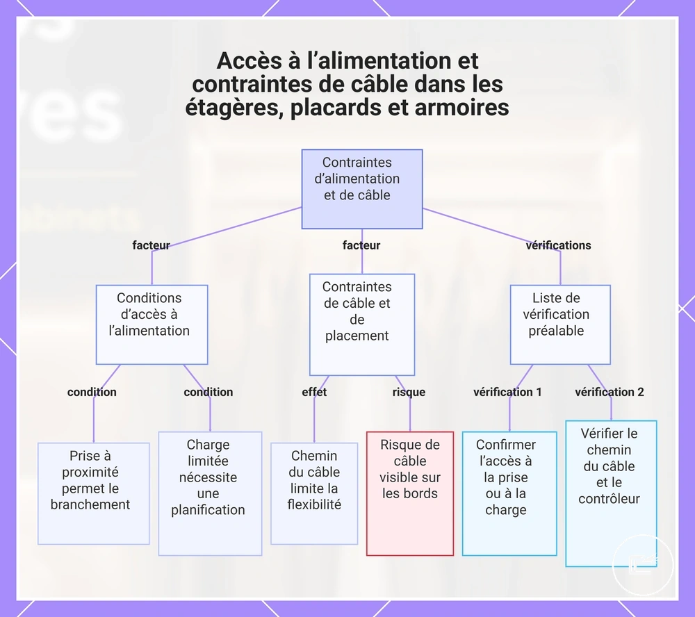 Accès à l’alimentation et contraintes de câble dans les étagères, placards et armoires