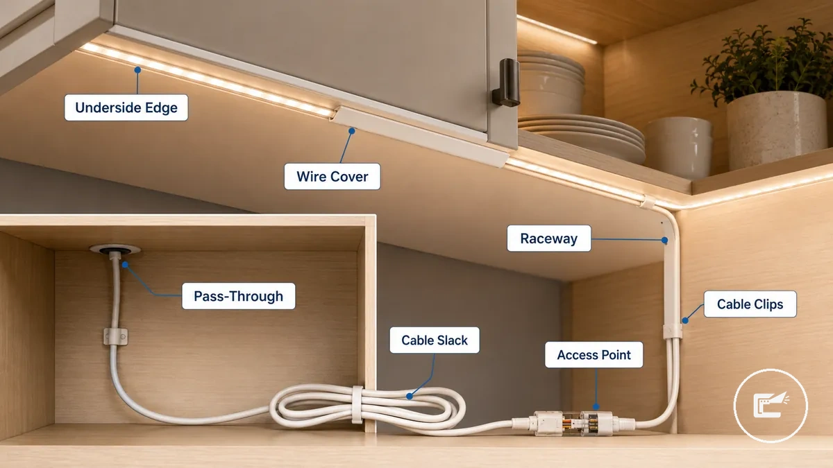 Fils de rubans LED cachés sous un placard avec cache-fil et clips de câble tout en laissant l accès aux connexions