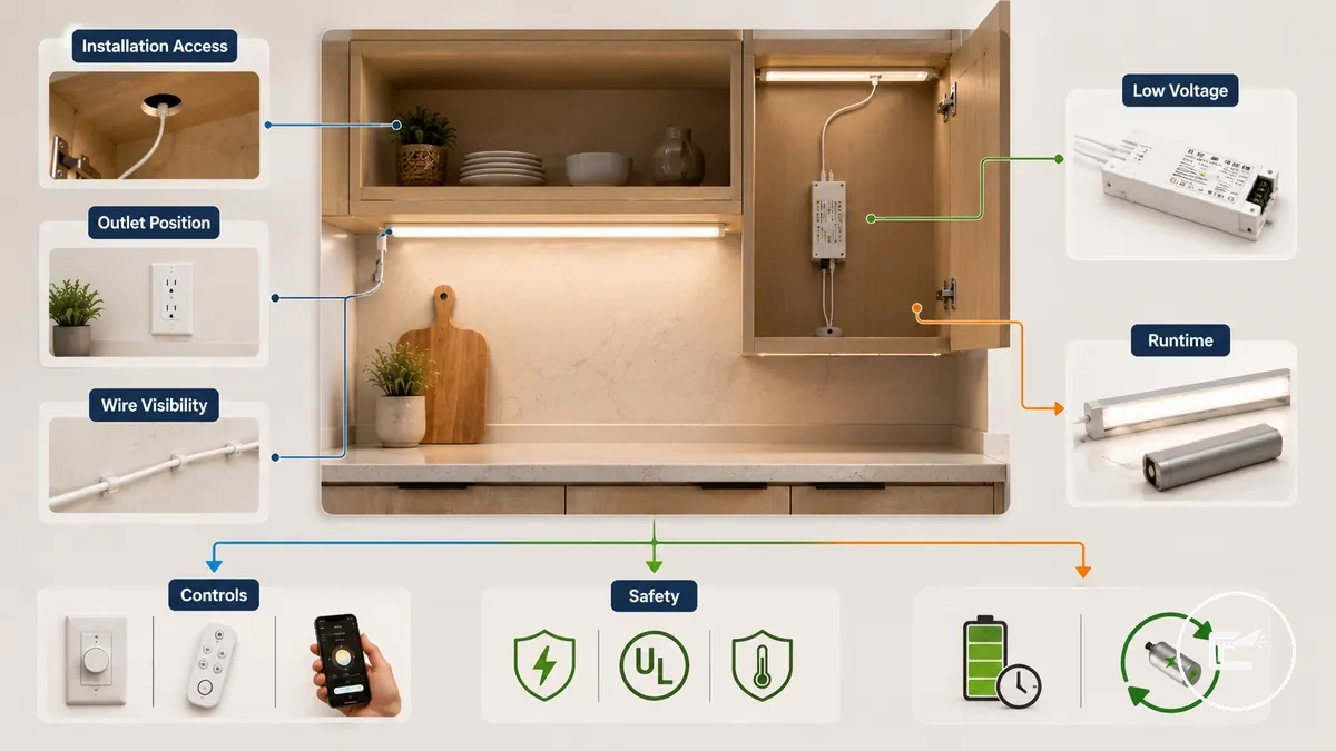 Diagramme des critères de décision pour le mode d alimentation de l éclairage de placard montrant les facteurs de prise, câblage, batterie et driver