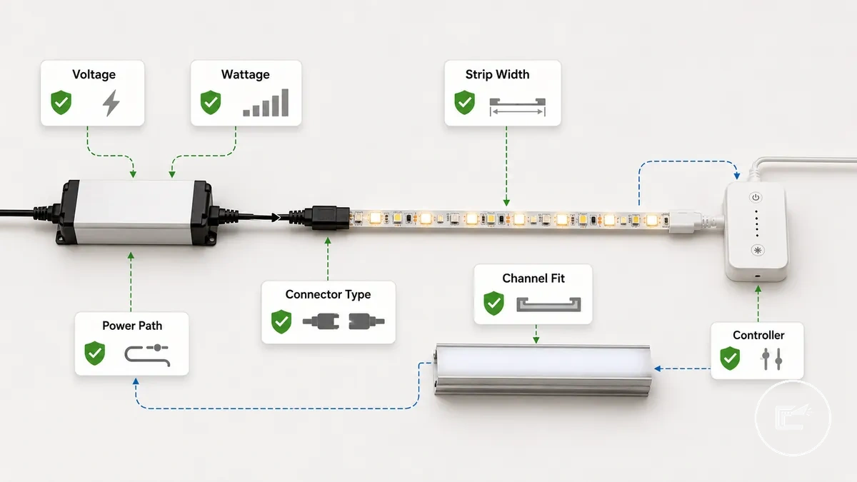 Schéma de compatibilité d'éclairage à ruban LED montrant l'ajustement du ruban, du connecteur, de l'alimentation, du contrôleur et du canal diffuseur