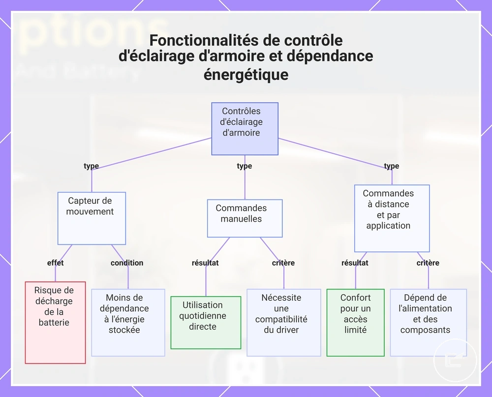 Fonctionnalités de contrôle d'éclairage d'armoire et dépendance énergétique