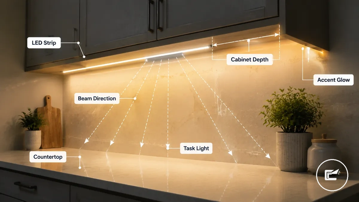 Éclairage par ruban LED sous placard montrant la diffusion de la lumière sur un plan de travail