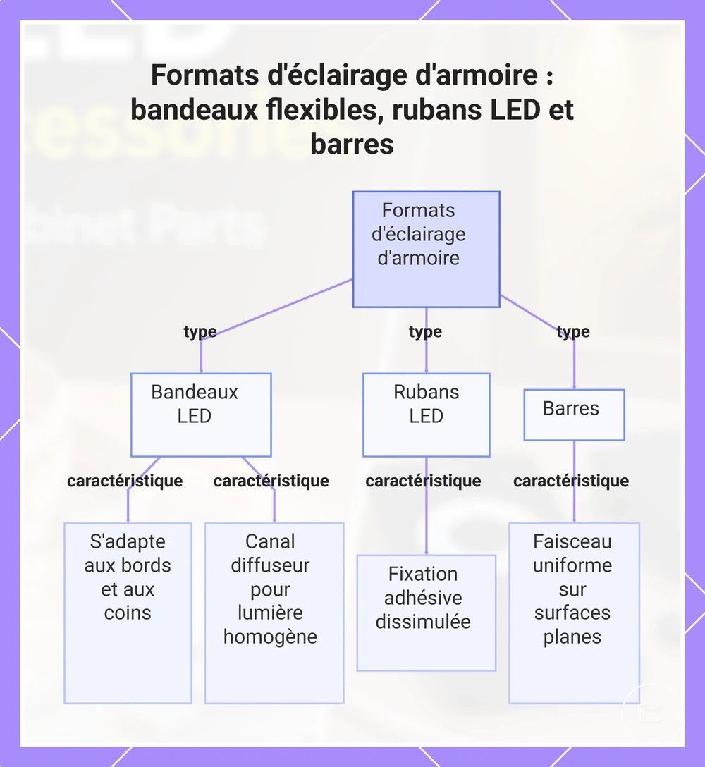 Formats d'éclairage d'armoire : bandeaux flexibles, rubans LED et barres