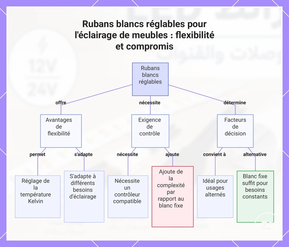 Rubans blancs réglables pour l'éclairage de meubles : flexibilité et compromis