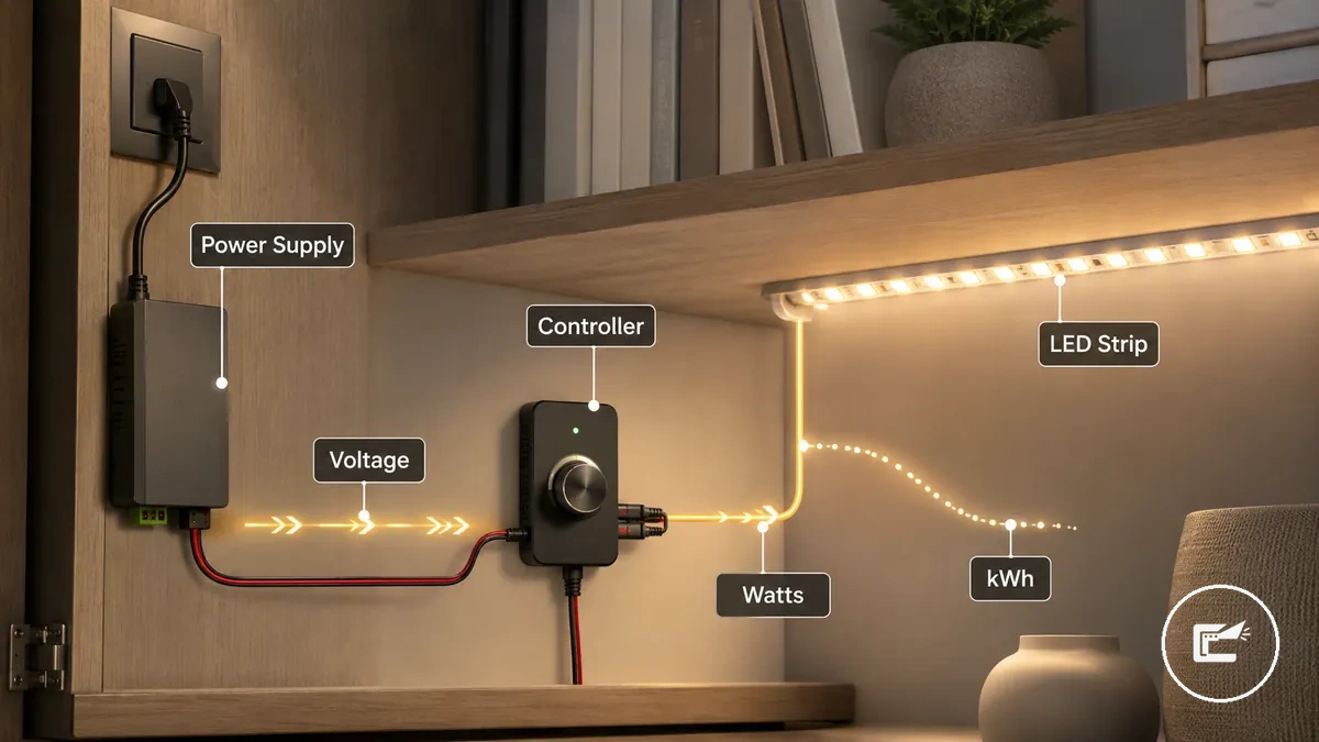 Schéma montrant comment les rubans LED consomment de l’électricité dans l’éclairage de placards via une alimentation, un contrôleur et un ruban LED