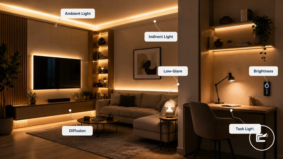 Éclairage indirect par rubans LED et éclairage de placards créant une lumière ambiante intérieure le long des bords de la pièce