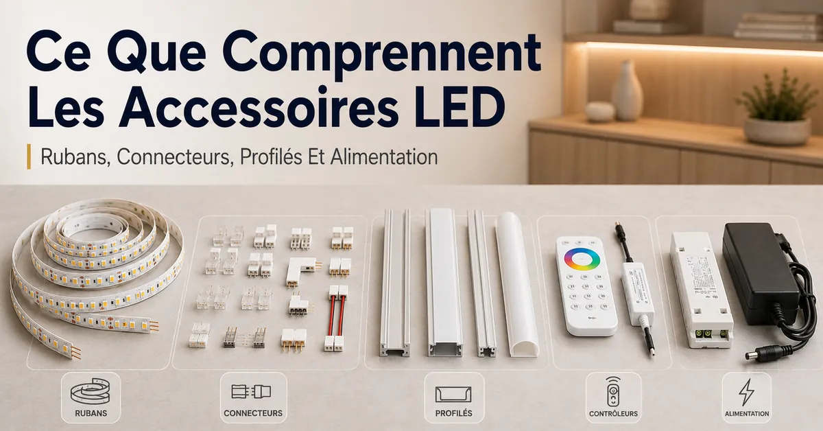 Différents accessoires pour rubans LED et éclairage de placards avec rubans, connecteurs, profilés, contrôleurs et pièces d’alimentation