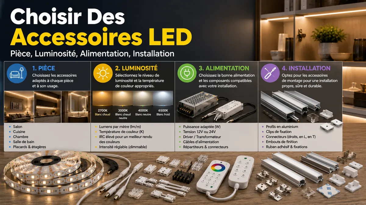Accessoires pour rubans LED et éclairage de placards choisis selon la pièce, la luminosité, l’alimentation et les besoins d’installation
