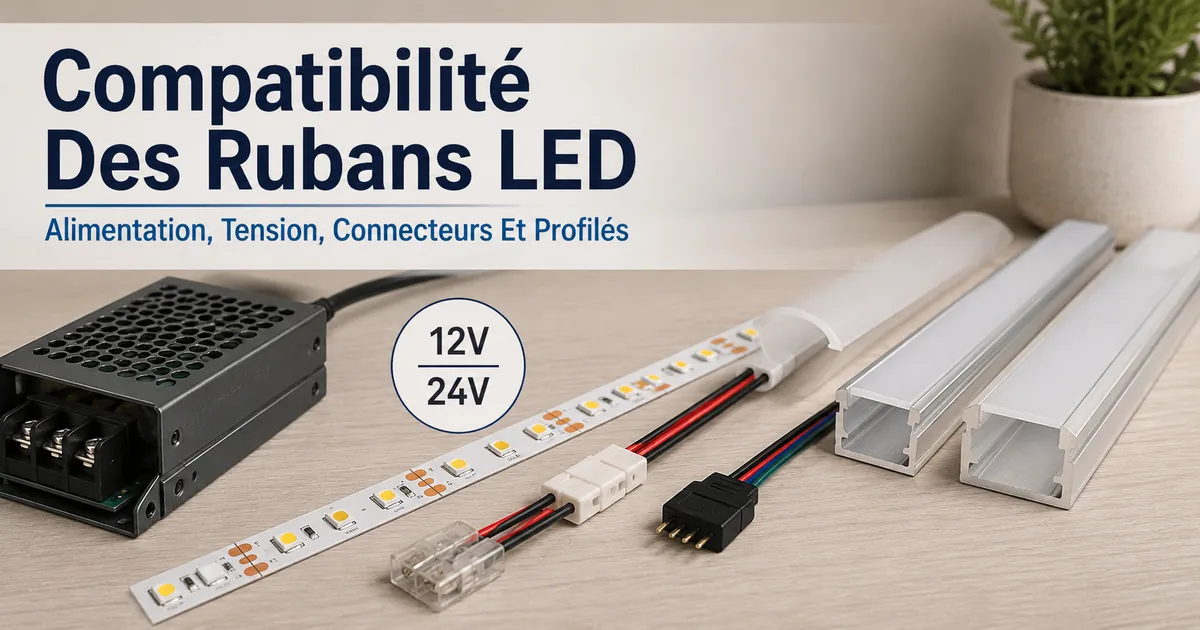 Pièces de compatibilité pour rubans LED avec alimentation, étiquette de tension, connecteurs et profilés diffuseurs