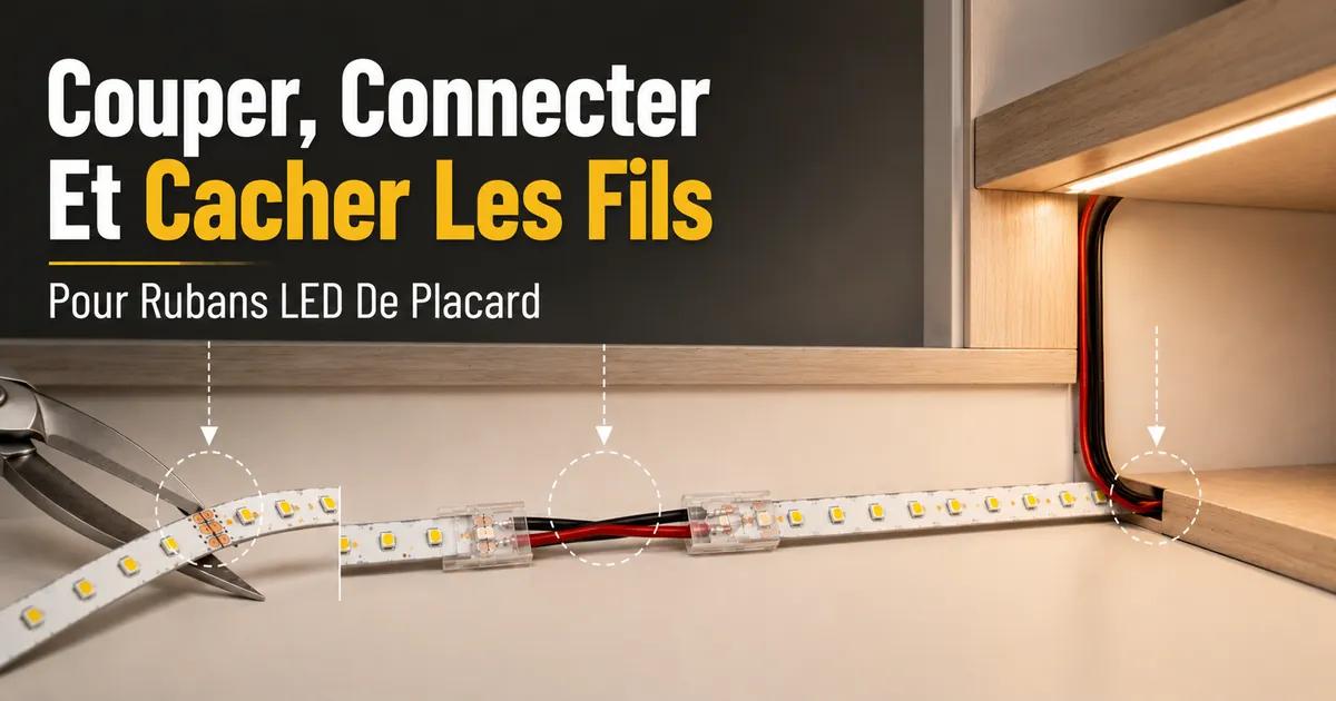 Coupe, connexion et dissimulation des fils de rubans LED pour l’installation d’un éclairage de placard