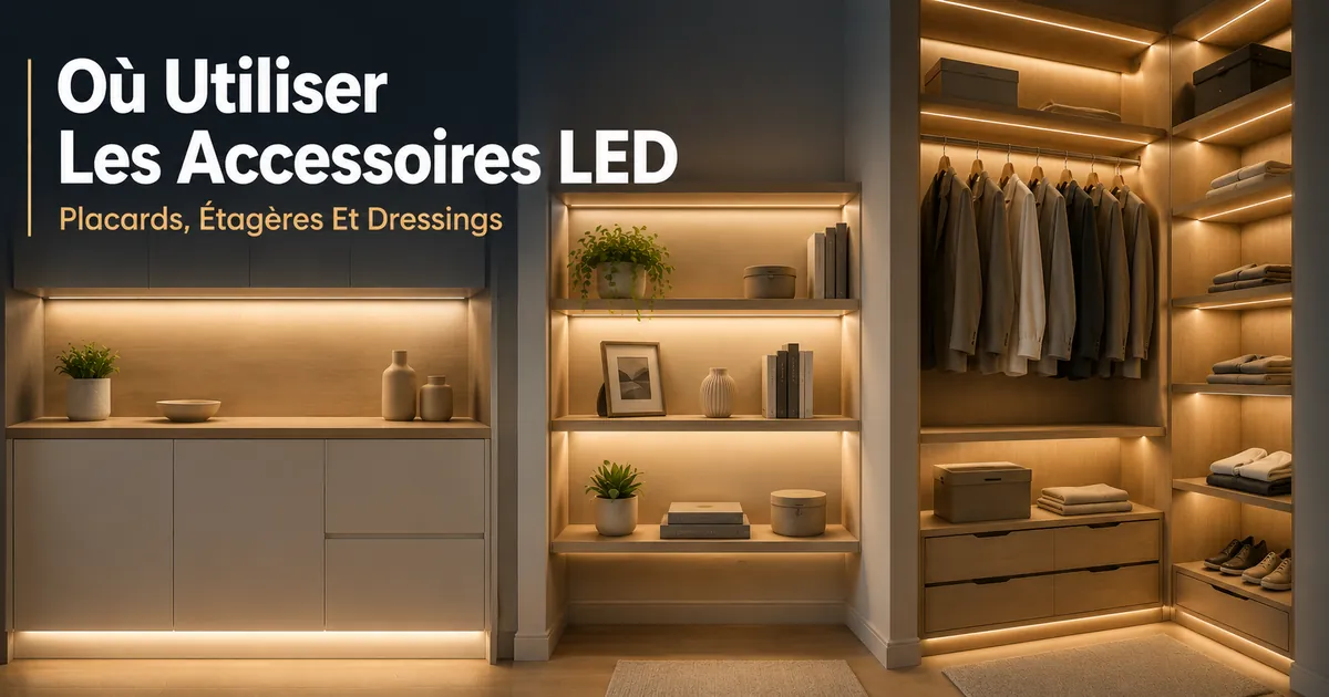 Exemples d’emplacement intérieur pour accessoires de rubans LED et éclairage de placards dans des placards, étagères et dressings