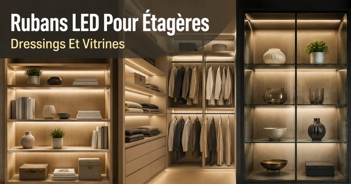 Rubans LED utilisés dans des étagères, dressings et vitrines avec rubans cachés et éclairage doux de placard