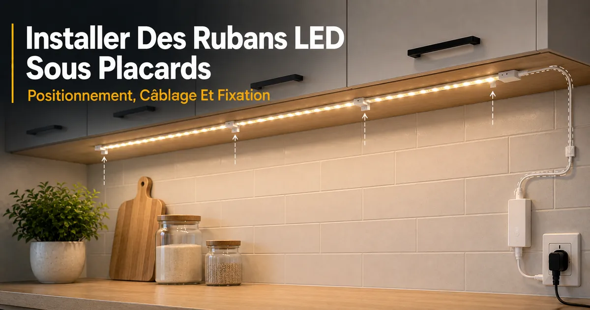 Installation de rubans LED sous des placards avec positionnement du ruban, câblage et accessoires de fixation