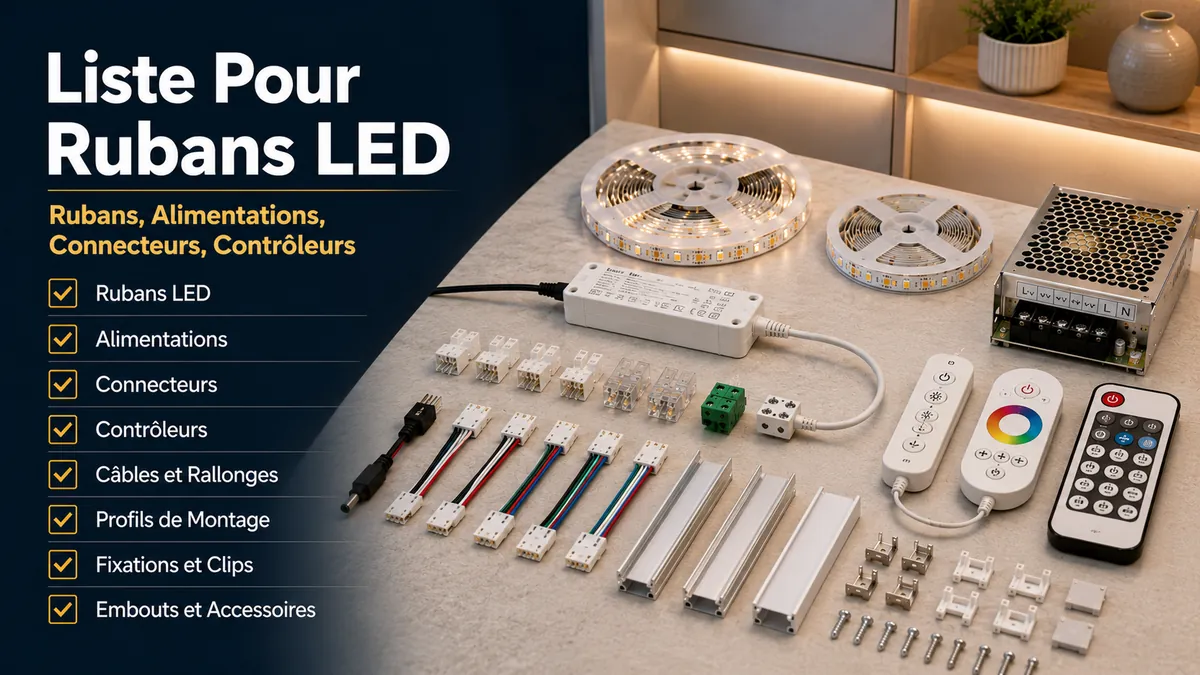 Liste d’achat pour rubans LED et éclairage de placards avec rubans, alimentations, connecteurs et contrôleurs