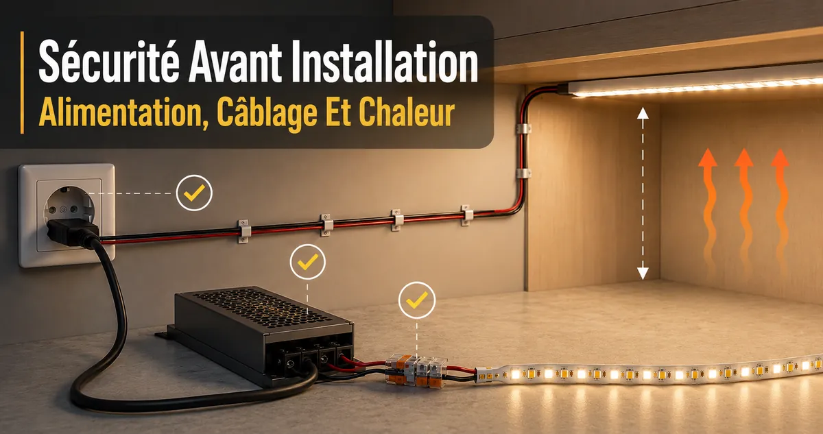 Liste de sécurité pour installer des rubans LED et un éclairage de placards avec alimentation, câblage et espace pour la chaleur