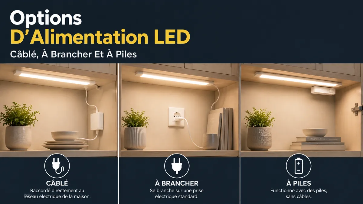 Comparaison des options d’alimentation câblée, à brancher et à piles pour l’éclairage LED de placards à la maison