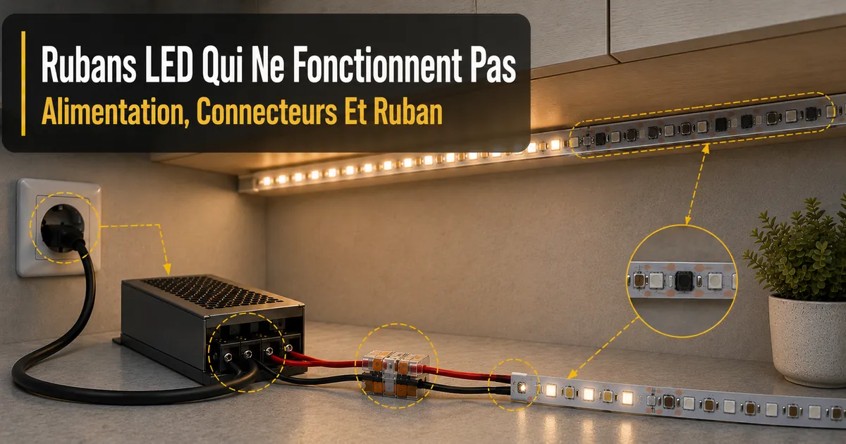 Dépannage de rubans LED sous placard qui ne fonctionnent pas à cause de l’alimentation, des connecteurs ou du ruban